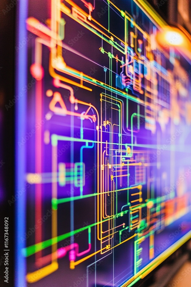 Aufkleber computer screen showing a cad schematic of energy flow in a smart grid system.