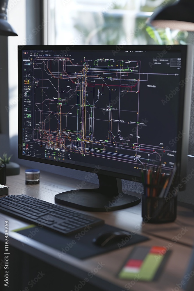 Aufkleber computer workstation featuring a complex cad layout of an energy grid system for a metropolitan area