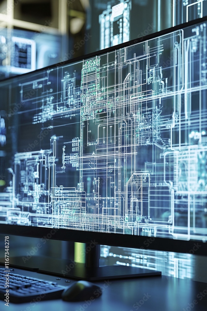 Poster computer workstation featuring a complex cad layout of an energy grid system for a metropolitan area