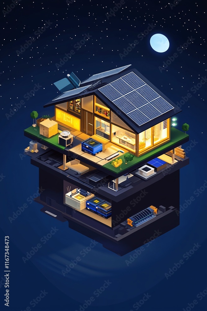 Aufkleber cross-sectional infographic showing a house with a solar panel array and connected battery system fo