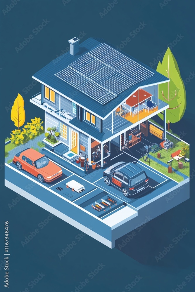 Poster cross-sectional infographic showing a house with a solar panel array and connected battery system fo