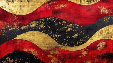 Abstract Chinese festive art with layered brushstrokes in red and gold, symbolizing abundance and renewal.