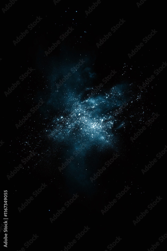 Poster Dark cyan transitioning to black with a grainy texture and scattered light particles.