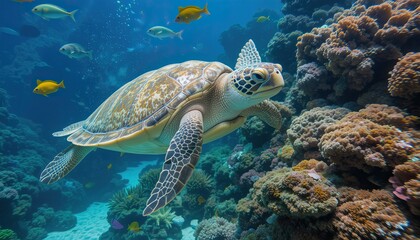 Fototapeta premium Marine Life in Underwater Aquarium with Loggerhead Sea Turtle and Coral