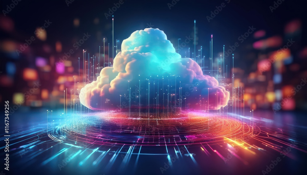 Poster a vibrant, digital cloud with colorful data streams represents cloud computing and technology in a f