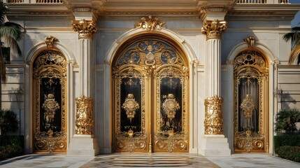 Fototapeta premium The front of a building has gold and black doors