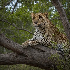 Fototapeta premium Photograph a leopard lounging in a tree in the savanna.