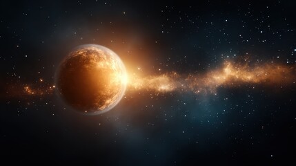 Obraz premium An enchanting celestial globe shines brightly amidst cosmic dust, showcasing the mesmerizing interplay of light and color in the vastness of space.