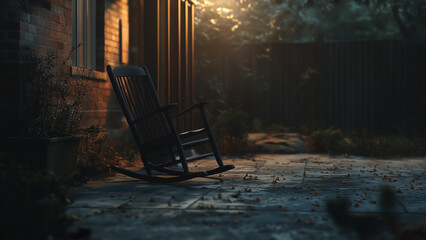 Evening light casts shadows on a quiet porch with a rocking chair surrounded by nature