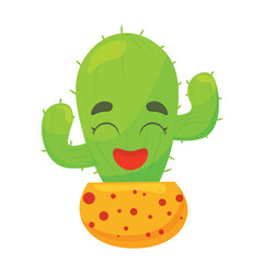 A vibrant cartoon cactus with an expressive face, large eyes  in a decorative flower pot. An emotional character suitable for children's products, illustrations, animations, and decor.