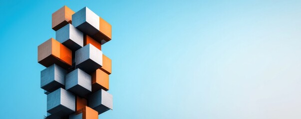 A colorful stack of 3D blocks against a clear blue sky, showcasing geometric shapes and modern design.