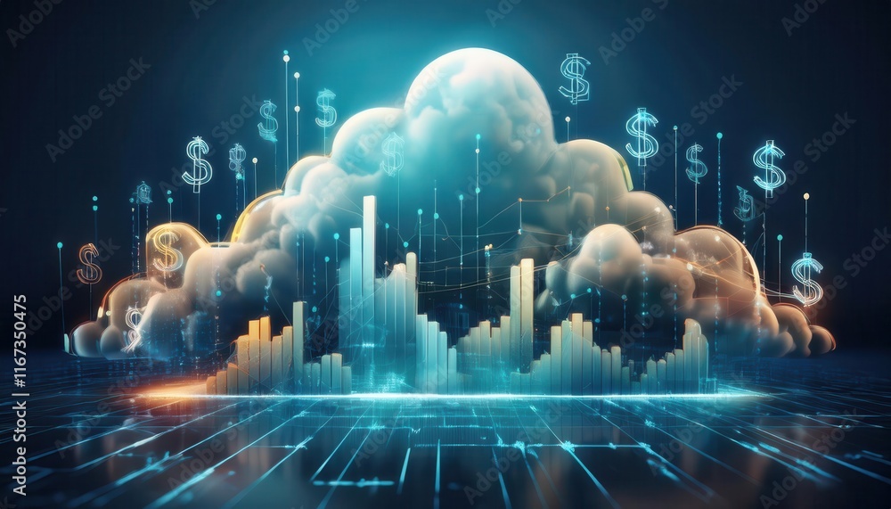 Poster a digital cloudscape with skyscrapers, featuring dollar signs and binary data, symbolizing the inter