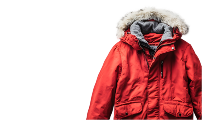 A red parka jacket with a fur-lined hood, ideal for cold weather.
