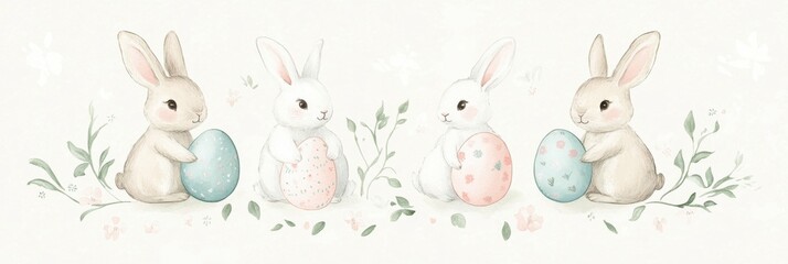 Playful easter bunnies holding colorful eggs in a springtime scene for holiday decor
