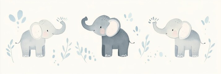 Playful elephants with water splashes in soft grey design for spring decor and children's themes