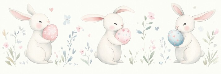 Playful easter bunnies with colorful eggs in spring garden design