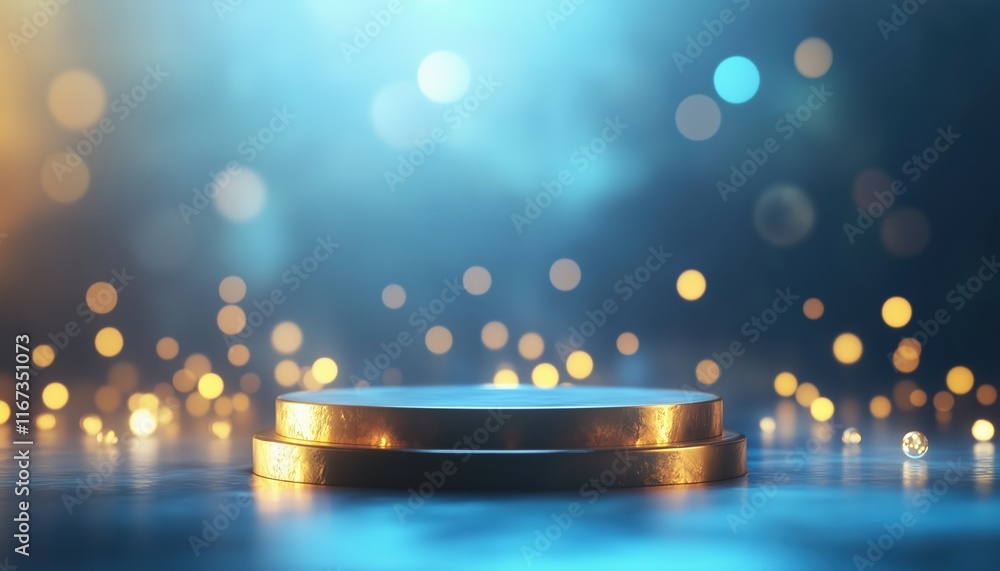 Poster luxurious scene with empty podium shining gold on blue background with neon light effects and bokeh 