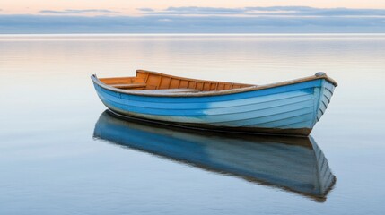 Naklejka premium Blue Wooden Rowboat Calmly Floating On Still Water