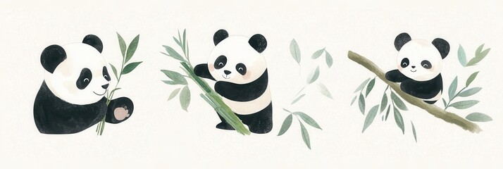 Playful pandas in muted greens: delightful animal illustrations for home decor or children's room