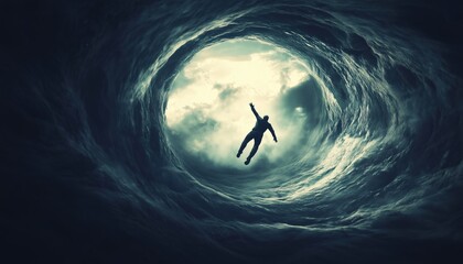 Surreal Scene Of Man Plummeting Into The Void From Enormous Pit Displays Dramatic Action And Perilous Circumstances.