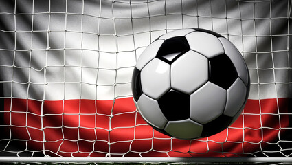Soccer Ball in Goal Net with Polish Flag Background