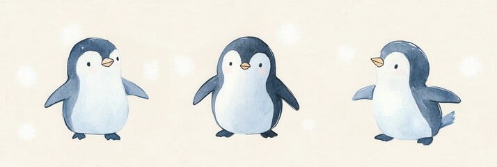 Playful penguins on ice in muted blue and grey - winter scene design for decorative use