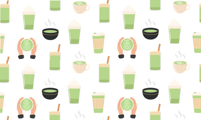 Matcha tea Seamless pattern. Vegan organic drinks. Japanese Matcha green tea ceremony. Flat Vector illustration on white background