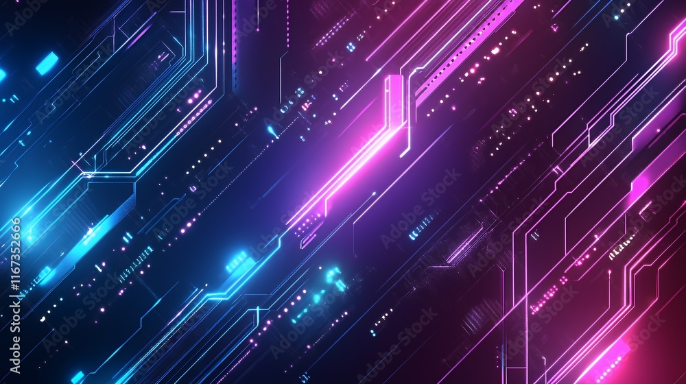 Poster abstract neon circuit board design showing glowing lines