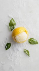Refreshing lemon sorbet with basil leaves on a bright white background
