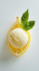 Refreshing lemon sorbet with basil on white background - arial view for clean design concepts