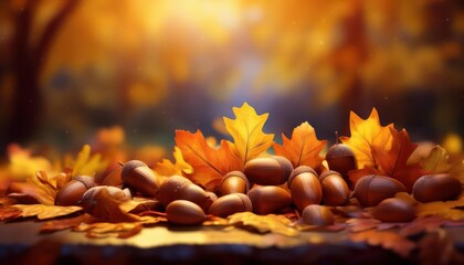 Fototapeta premium A serene autumn scene featuring acorns and vibrant yellow leaves, illuminated by warm sunlight, evoking the beauty of the fall season.