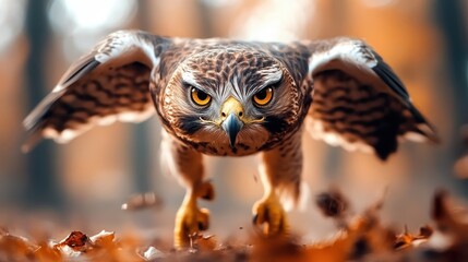Obraz premium A stunning image of a majestic owl with intense eyes as it spreads its wings, set against a backdrop of autumn foliage, symbolizing power and grace in nature's beauty.