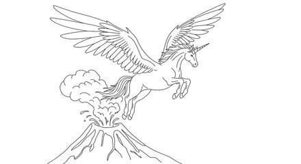 Obraz premium Majestic unicorn pegasus, flying over erupting volcano. Mythical fantasy creature with wings and horn.