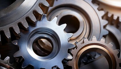 close up detail of interlocking metal gears machinery components