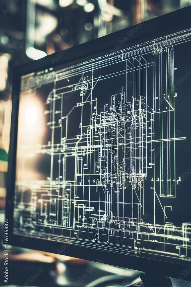 Poster desktop monitor showcasing an intricate cad layout of electrical substations and power lines on a da