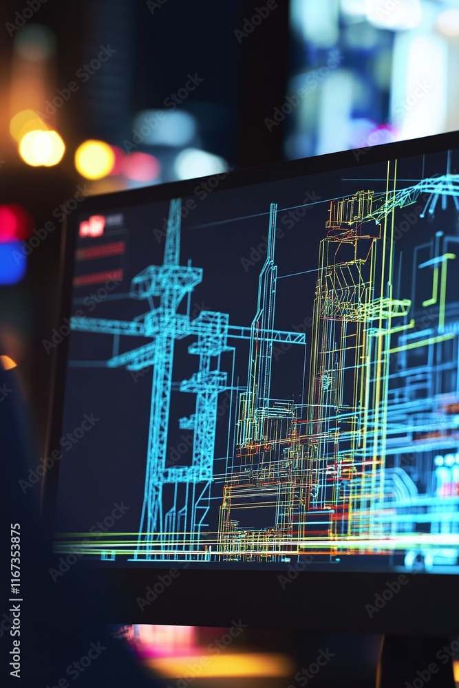Poster desktop monitor showcasing an intricate cad layout of electrical substations and power lines on a da