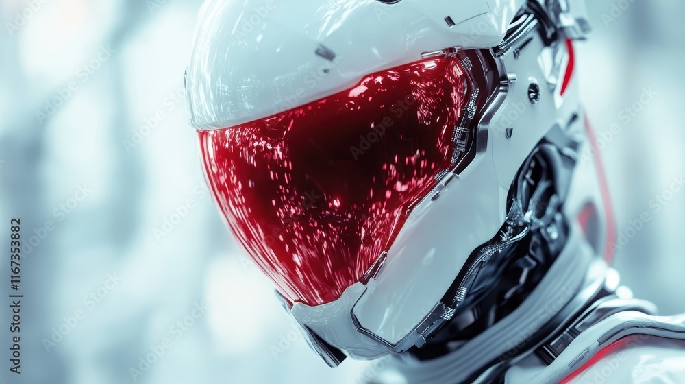 Poster this striking image features a futuristic robot with a sleek design and a reflective red visor, emph