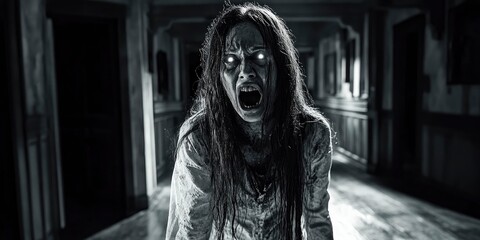 A terrifying woman with long hair and glowing eyes stands in the hallway of an old house, dressed in white , screaming. Horror film, black and white photography.