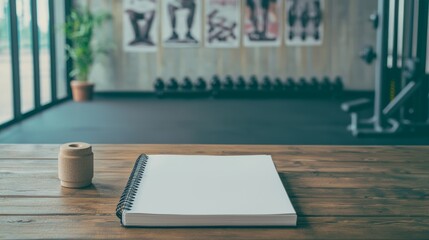 Fitness Journey Starter Pack: Empty Sports Planner Surrounded by Workout Gear and Motivational Posters on Gym Bench