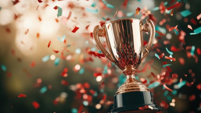 An elegant gold trophy stands tall amidst colorful confetti, symbolizing victory and the celebration of achievements in a captivating visual display that inspires greatness.