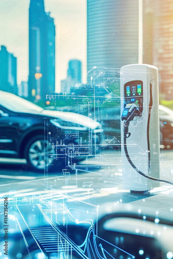 Poster desktop setup with cad blueprints of electric vehicle charging stations connected to a power grid.