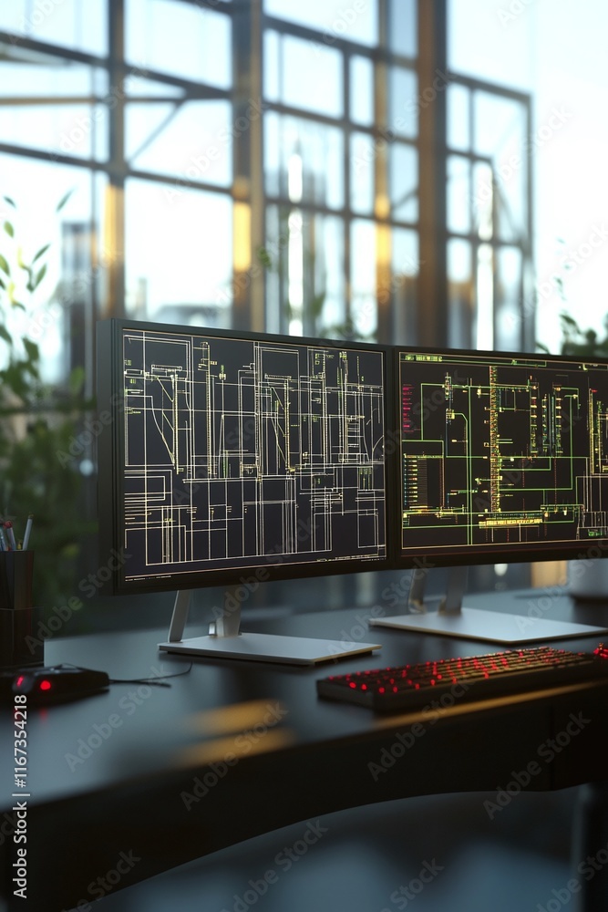 Poster desktop setup with cad renderings of electrical grid disaster recovery designs.
