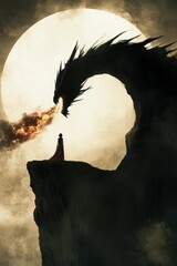 art of a black dragon breathing fire at a girl on a cliff, sun on sky background