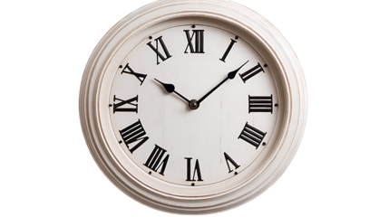 A round wall clock with Roman numerals and a simple white design.