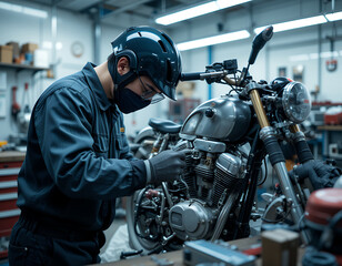 Fototapeta premium Mechanic in Protective Gear Works on a Classic Motorcycle