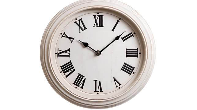 A round wall clock with Roman numerals and a simple white design. - Powered by Adobe