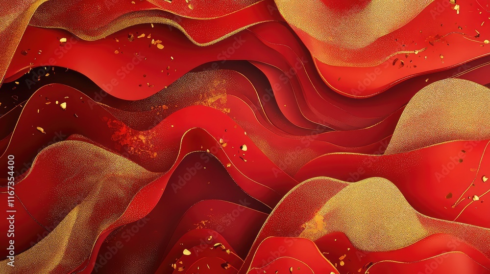 Poster abstract chinese festive design with overlapping red and gold shapes, creating a layered, celebrator