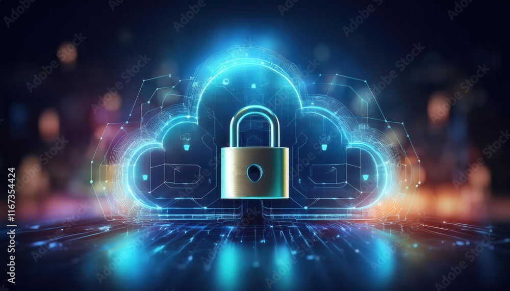 Poster a digital cloud with a padlock symbolizes secure data storage and encryption in a futuristic tech en