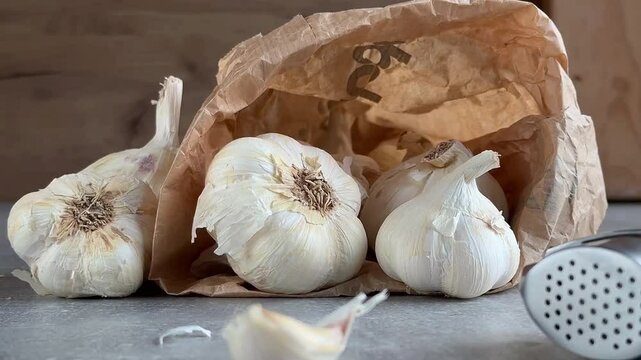 Fresh organic garlic bulbs and metal garlic press. Close up. 