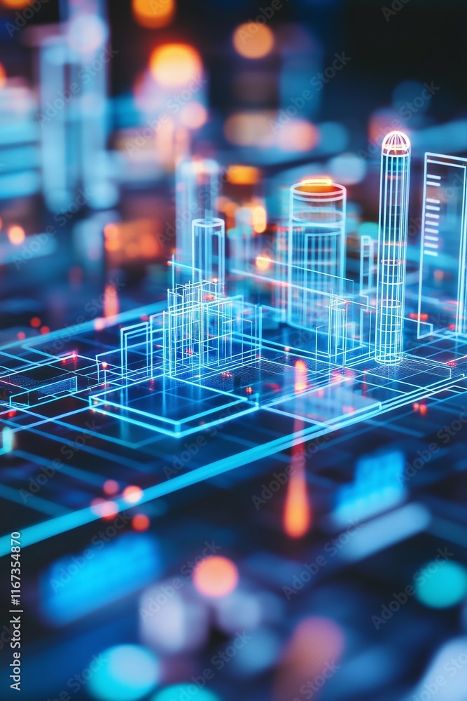 Poster detailed 3d model of a solar power grid system displayed on a workstation screen.